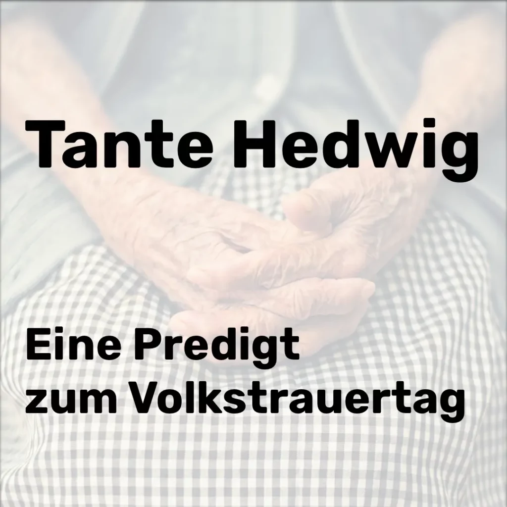 Das Bild zeigt im Hintergrund, etwas verschwommen, die beiden gefalteten Hände einer sehr alten Person. Die Hände ruhen auf dem Schoß. Text: "Tante Hedwig. Eine Predigt zum Volkstrauertag".